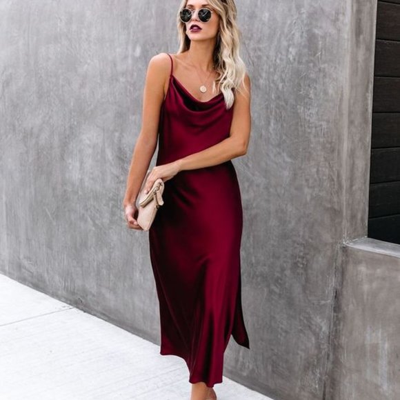 burgundy satin slip dress